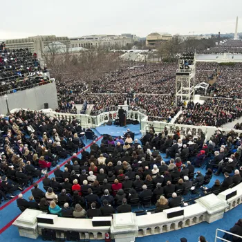 From behind the stage and dignitary seating area, the crowds attending the Inauguration, estimated at 800,000 to 1 million, can be seen.