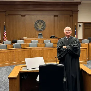 U.S. District Judge Robert J. Conrad Jr. in a Virginia Revival Model courtroom.