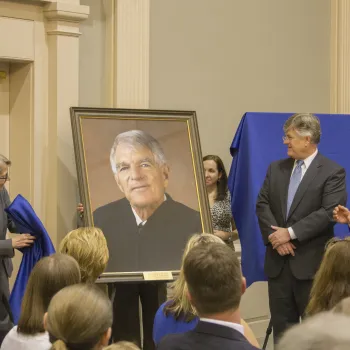 Portrait of retired Magistrate Judge Arthur H. Latimer is presented by Karen L. Clute, Partner at Wiggin and Dana LLP, and James Ross Smart Esq. and Patrick A. Klingman Esq., Co-Chairs of the Federal Practice Section at the Connecticut Bar Association.