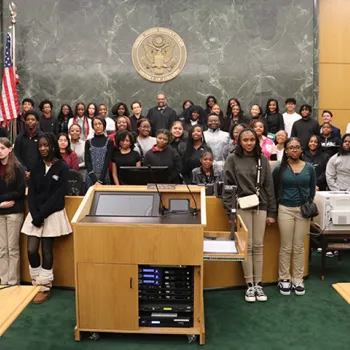 U.S. Magistrate Judge Zia M. Faruqui hosts students in his courtroom as they explore the impact of the Bill of Rights on their lives.