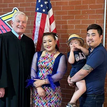 U.S. Eighth Circuit Judge Duane Benton welcomes new U.S. citizens at Busch Stadium in St. Louis.