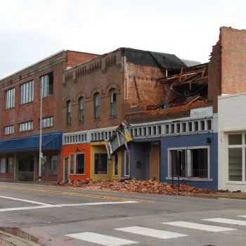 Damage from Hurricane Laura affected the greater Lake Charles area, damaging many buildings downtown (photo courtesy of the City of Lake Charles). 