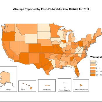 Map of wiretaps reported by each Federal Judicial District for 2014.