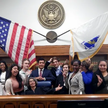 Nelson fellows celebrate their graduation from the program with Magistrate Judge Judith G. Dein in 2017.