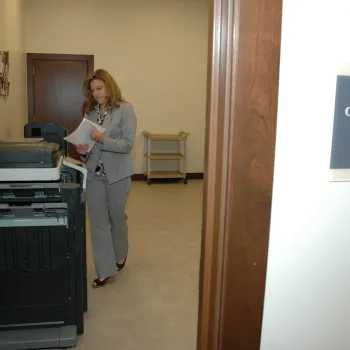 Judicial Assistant Sharon Townsend uses a copy room that is shared by the new suite's judges and court staff.