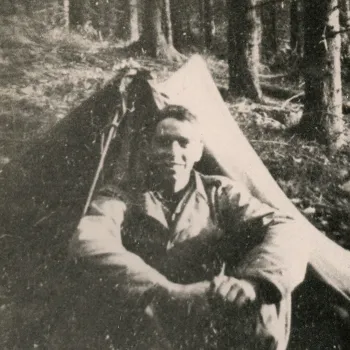 Dickinson R. Debevoise camped in Hurtgen Forest, Germany. 