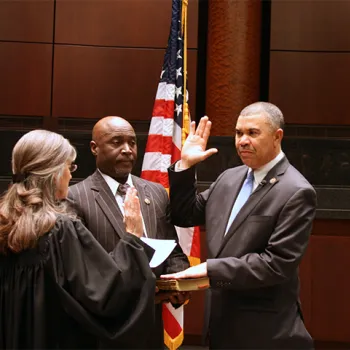 Chief Judge Catherine D. Perry, of the Eastern District of Missouri, swears in U.S. Representative Wm. Lacy Clay (D-MO).