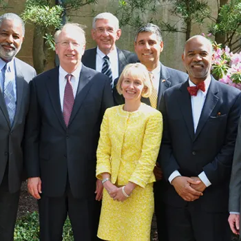 Eight of the nine Fourth Circuit judges who attended the statue dedication ceremony are, from left: Diana Gribbon Motz, Andre M. Davis,William B. Traxler Jr., Robert B. King, Stephanie D. Thacker, Albert Diaz, Roger L. Gregory, and  Henry F. Floyd. Not ph