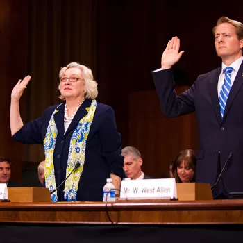 Judge Julia S. Gibbons and W. West Allen, of the Federal Bar Association, are sworn in before testifying.