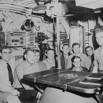 Jack B. Weinstein, far left, with fellow officers on the submarine USS Jalloa.