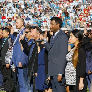 New citizens during a naturalization ceremony in Jacksonville, Florida.