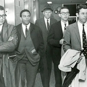 On April 4, civil rights leaders James Lawson and Andrew Young, left, enter a federal courtroom with their lawyers.On April 4, civil rights leaders James Lawson and Andrew Young, left, enter a federal courtroom with their lawyers.