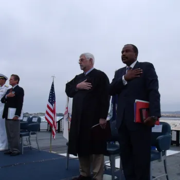 Chief Bankruptcy Judge Peter Bowie (S.D. Calif.) presided over the naturalization ceremony held on the USS Midway.