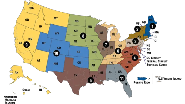 The U.S. Federal Court Circuit Map color coded by Districts.