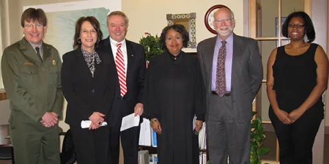 Left to right: Dave Schafer, Acting NPS Superintendent; Pam Patton, Deputy Clerk; Lee M. Smithyman, President, Kansas Bar Association; Federal District Judge Julie A. Robinson; Pedro L. Irigonegaray, Naturalization Chairman, Topeka Bar Association; Andrea