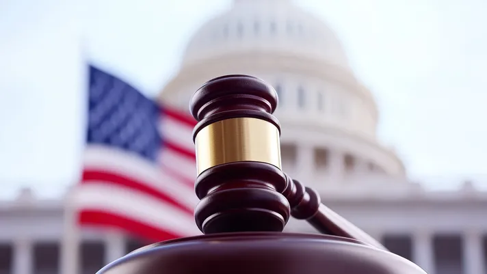 Photo of a gavel with the dome of the United States Capitol in the background.