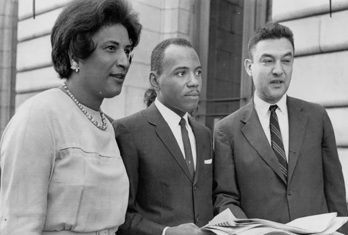 Constance Baker Motley with James Meredith and lawyer Jack Greenberg after a 1962 appellate court hearing in New Orleans.