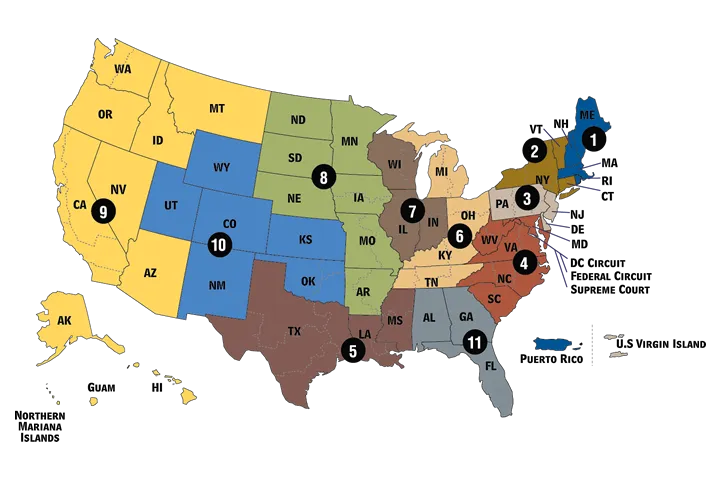 The U.S. Federal Court Circuit Map color coded by Districts.